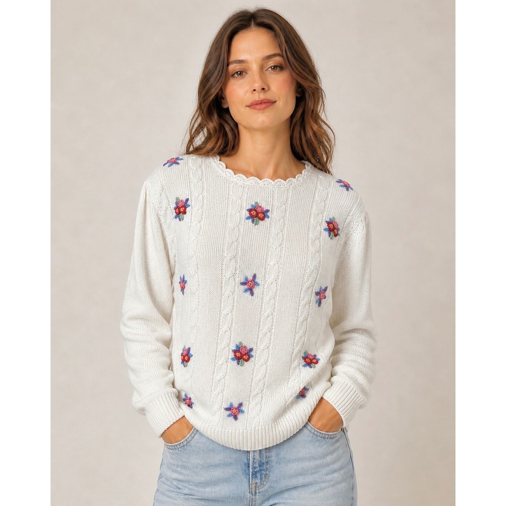 Vintage 90s Cotton Ramie 3d‎ Floral Embroidered Cable Knit Sweater Size Large